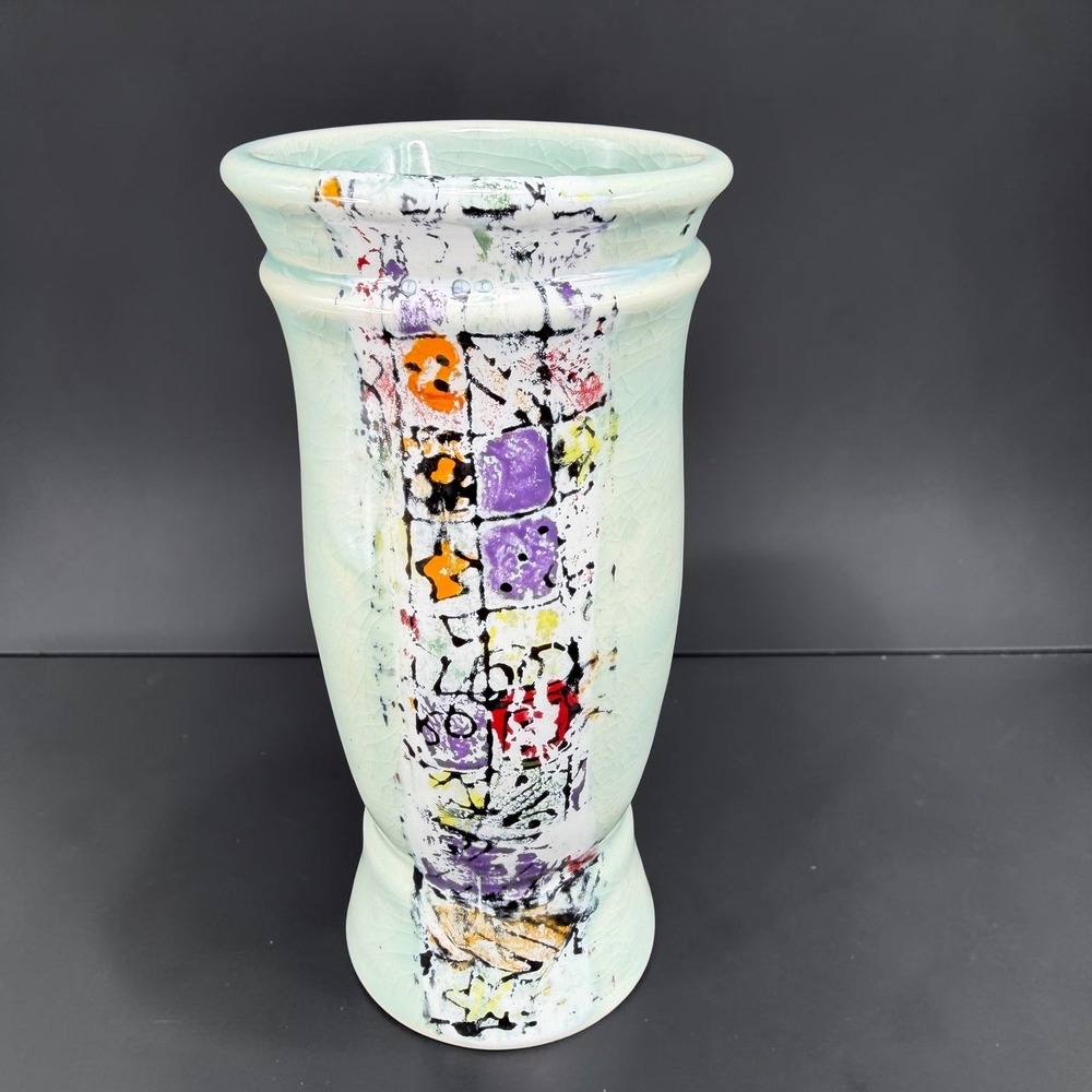 Stacy Gamble Studio Pottery Vase Abstract Multi Color Crackle Glaze Signed 8.5in